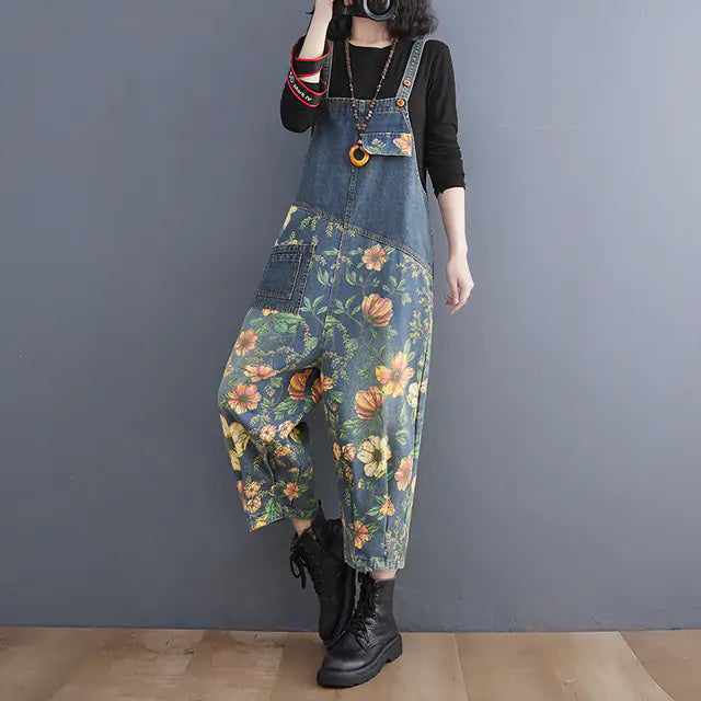 Patchwork Floral Denim Jumpsuit