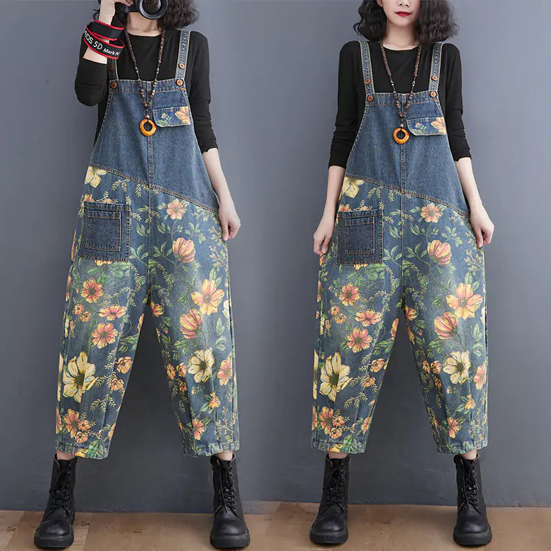 Patchwork Floral Denim Jumpsuit