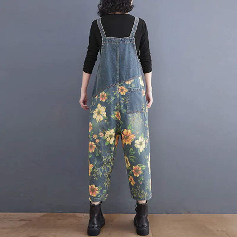 Patchwork Floral Denim Jumpsuit